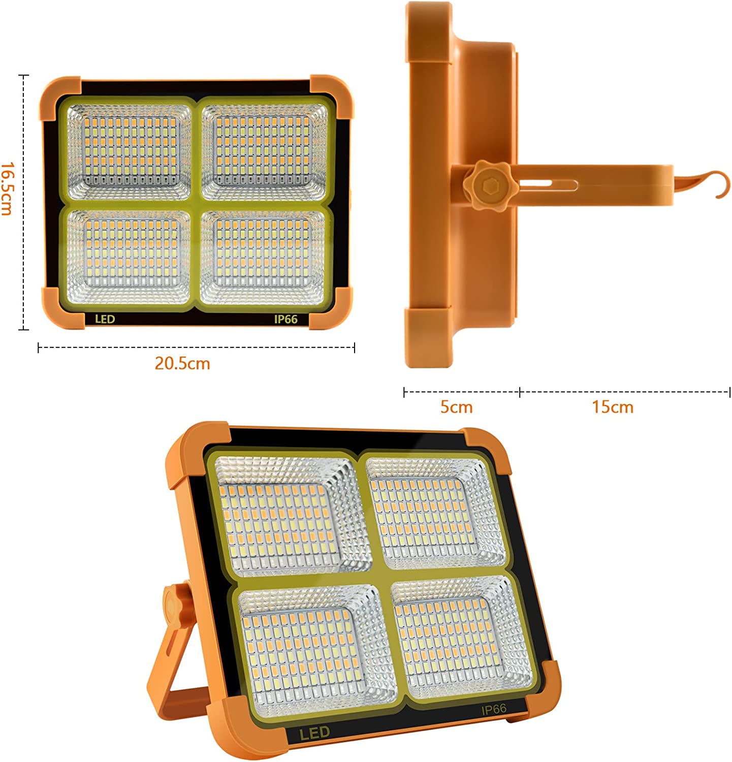 Rechargeable Solar Light, 100W Rechargeable Work Light, 10000Lum Portable Solar LED Floodlight with 348LEDs, Waterproof IP66 Solar LED Outdoor Emergency Portable Light