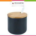 Ceramic Sugar Pot with Ceramic Spoon & Wooden Lid
