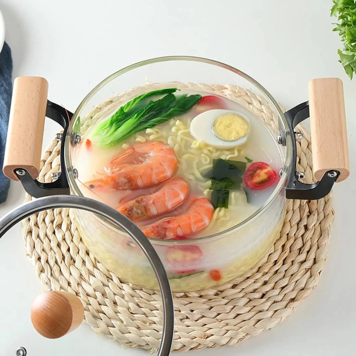 Clear Glass Pot with Stainless Steel Lid & Wooden Handle