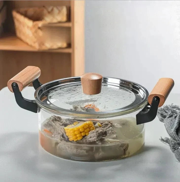 Clear Glass Pot with Stainless Steel Lid & Wooden Handle
