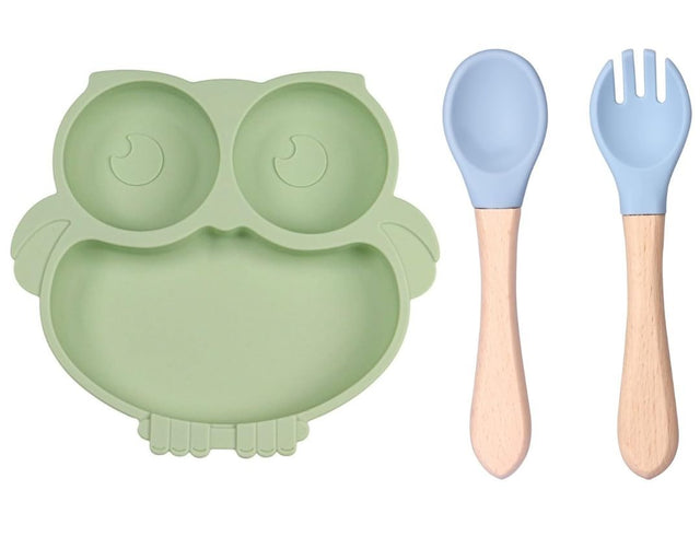 Cute Cartoon Silicone Baby Suction Plate, Fork and Spoon Set