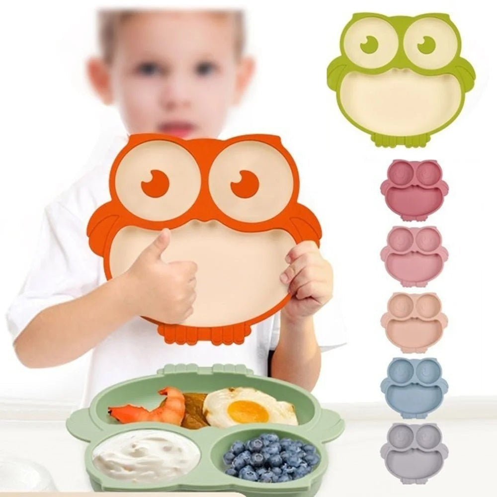 Cute Cartoon Silicone Baby Suction Plate, Fork and Spoon Set