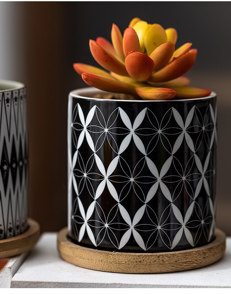 Cylindrical Mini Ceramic Succulent Planters with Bamboo Tray