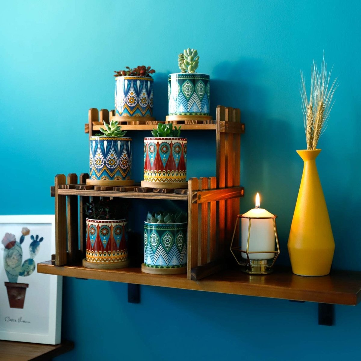 Cylindrical Mini Ceramic Succulent Planters with Bamboo Tray