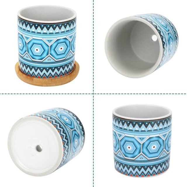 Cylindrical Mini Ceramic Succulent Planters with Bamboo Tray