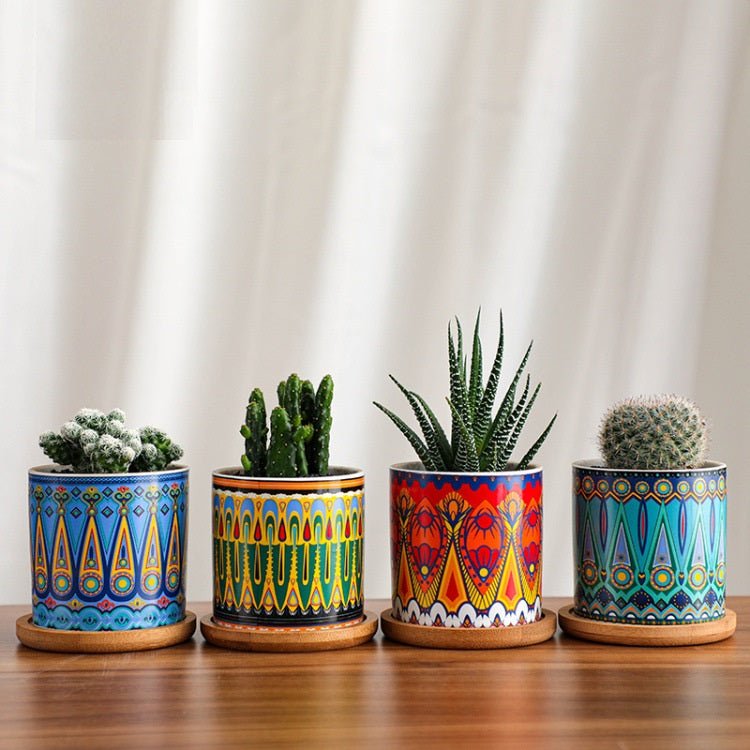 Cylindrical Mini Ceramic Succulent Planters with Bamboo Tray