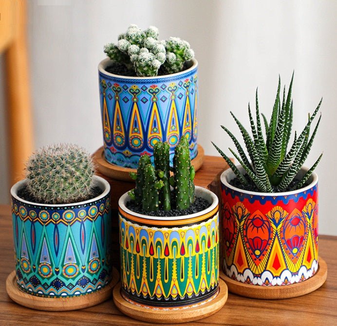 Cylindrical Mini Ceramic Succulent Planters with Bamboo Tray