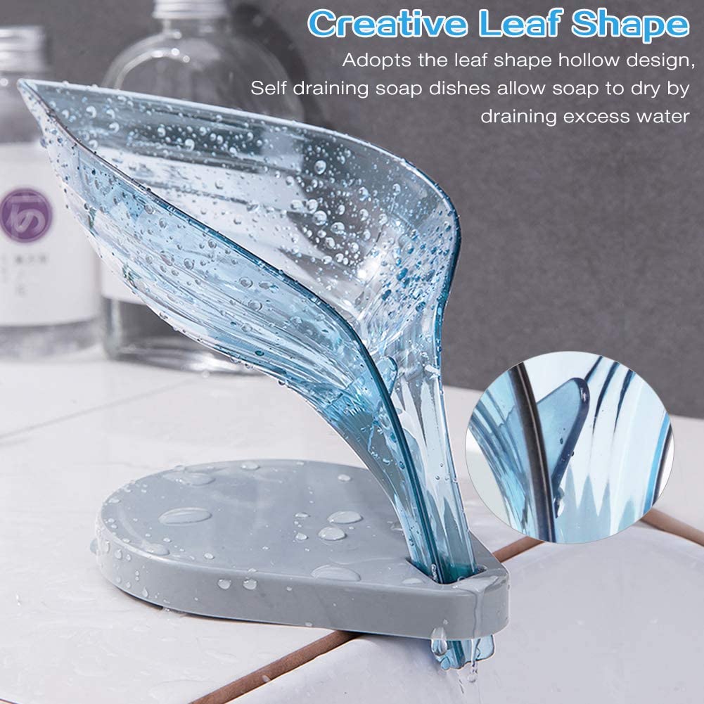 Random Color Leaf Shape Self Draining Plastic Soap Holder Self Adhesive Soap Dish Soap Case Drainage Soap Base for Shower Bathroom Kitchen