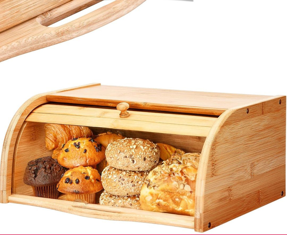 Bamboo Wooden Bread Box – Roll-Top Kitchen Storage Box