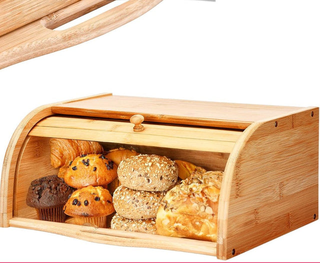 Bamboo Wooden Bread Box – Roll-Top Kitchen Storage Box