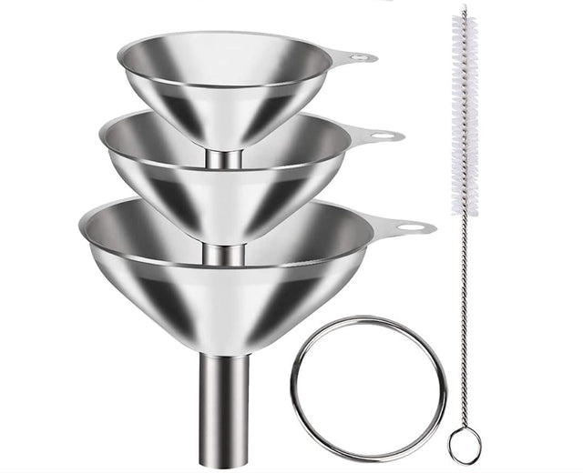 3Pcs Stainless Steel Kitchen Funnel Set with Cleaning Brush – Large, Medium & Small