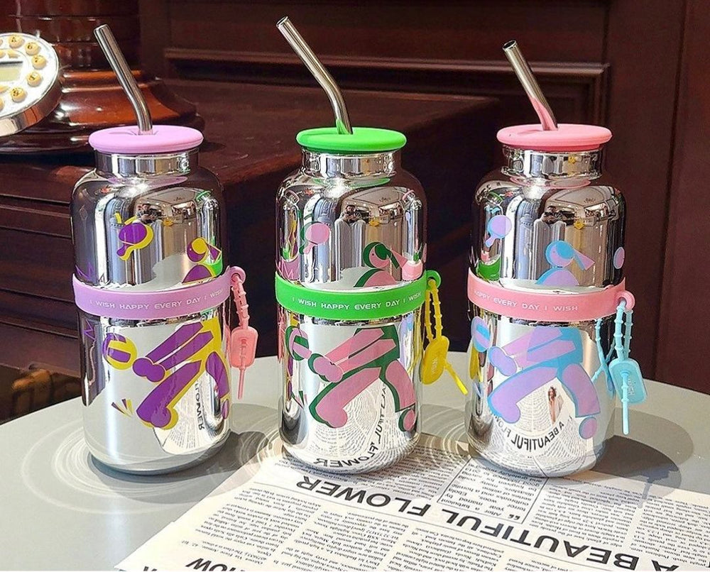 Random Color Water Bottle with Stainless Steel Straw and Silicone Lid