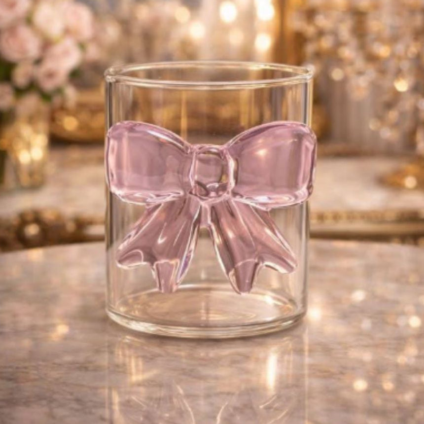 1Pc - Clear Glass Cup with Pink Bow Design