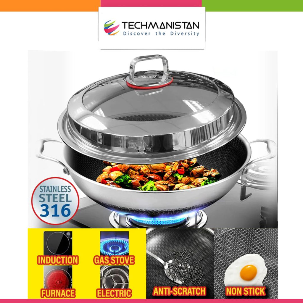 Double Sided Honeycomb Laser Coated Deep Wok With Dual Handles & Lid