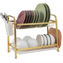 2-Tier Gold Dish Drying Rack with Utensil Holder & Drain Tray
