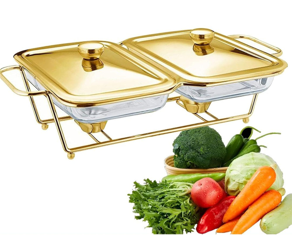 2 Grid Buffet Food Warmer Glass Serving Dish with Golden Lid