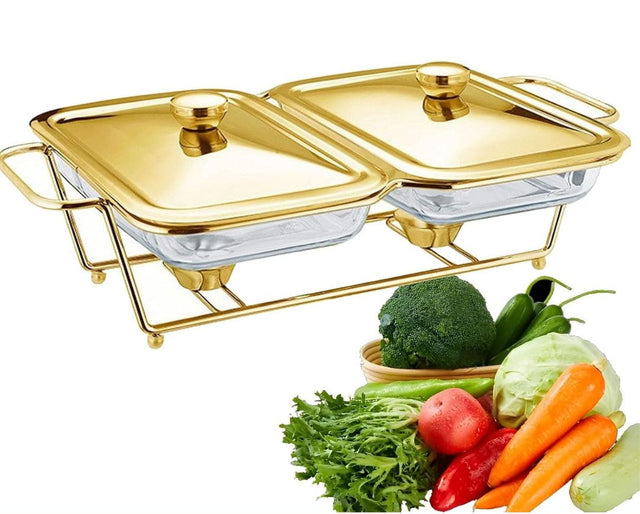 2 Grid Buffet Food Warmer Glass Serving Dish with Golden Lid
