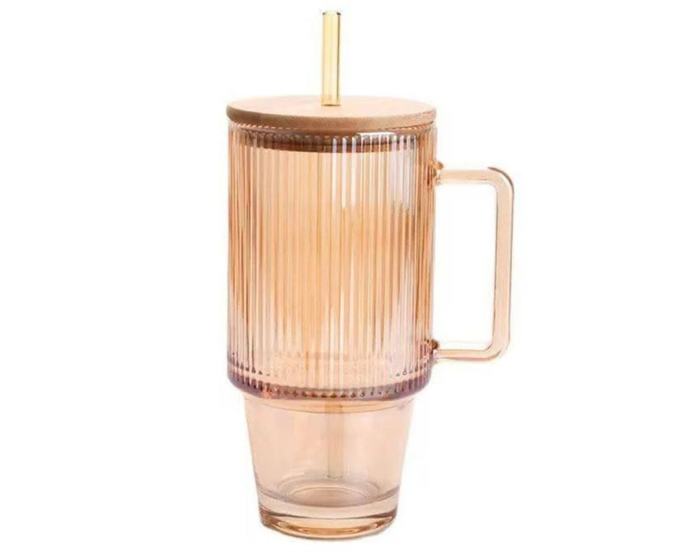 Ribbed Glass Tumbler with Handle, Straw & Bamboo Lid