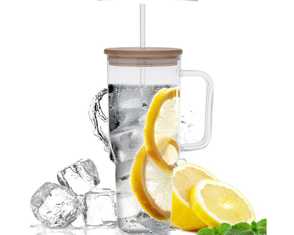 900ml Glass Tumbler with Bamboo Lid & Straw