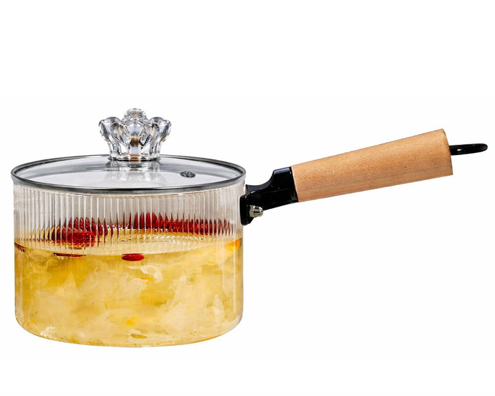 Stripped Glass Pot With Long Wooden Handle & Glass Lid