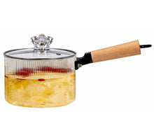 Stripped Glass Pot With Long Wooden Handle & Glass Lid