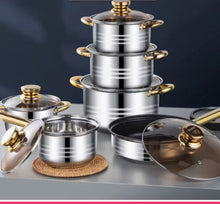 12-Piece Classic Stainless Steel Golden Handles Cookware Set