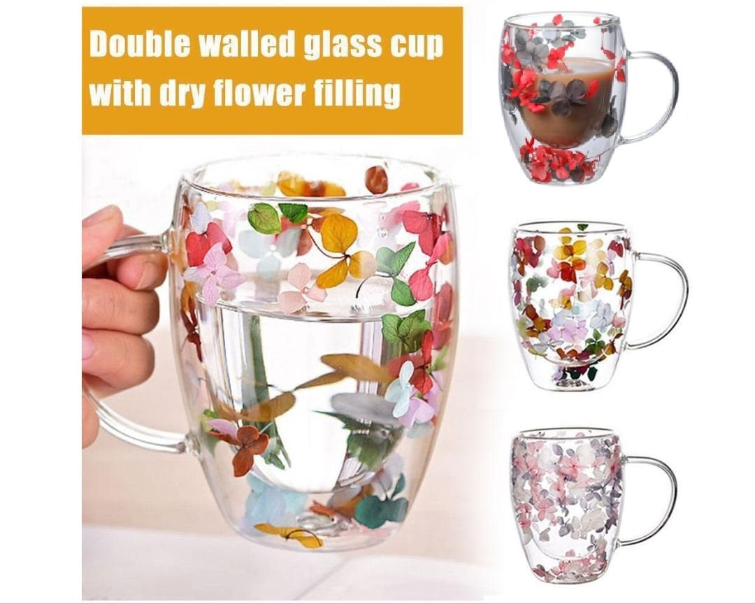 Double Wall Glass Mug with Dry Flowers