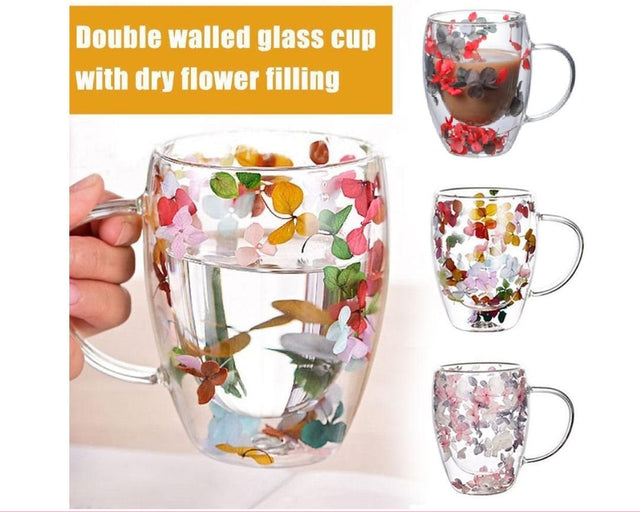 Double Wall Glass Mug with Dry Flowers