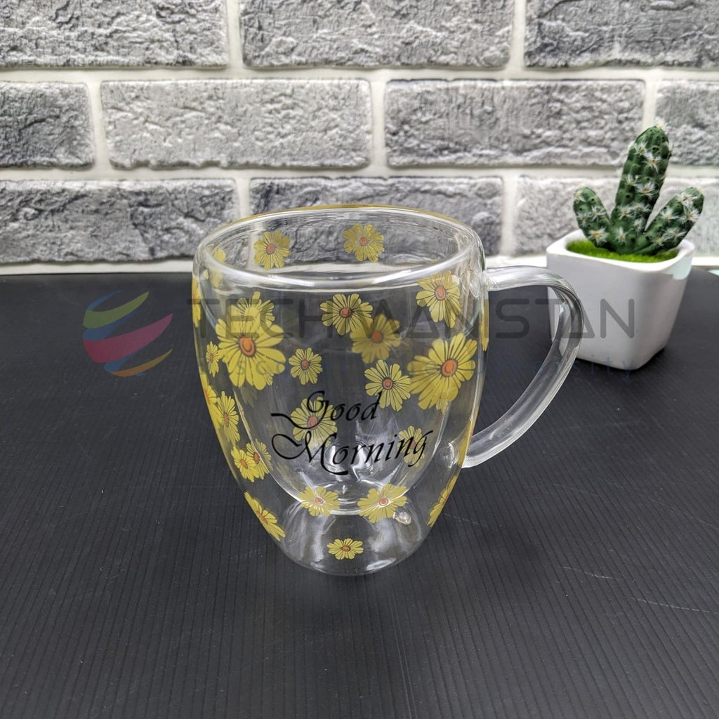 Double Wall Glass Mug with Flower Print