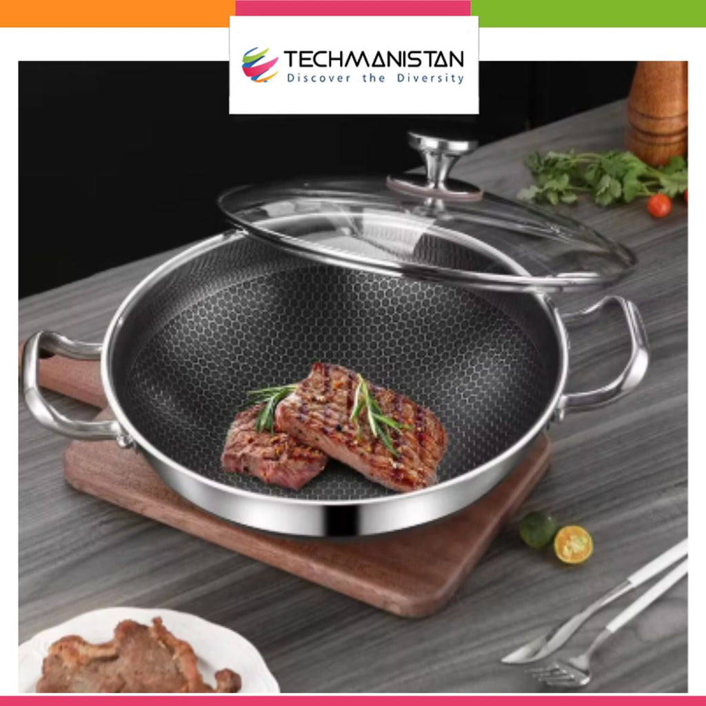 Dual Handles Honeycomb Double Sided Laser Coated Wok With Lid, Karahi