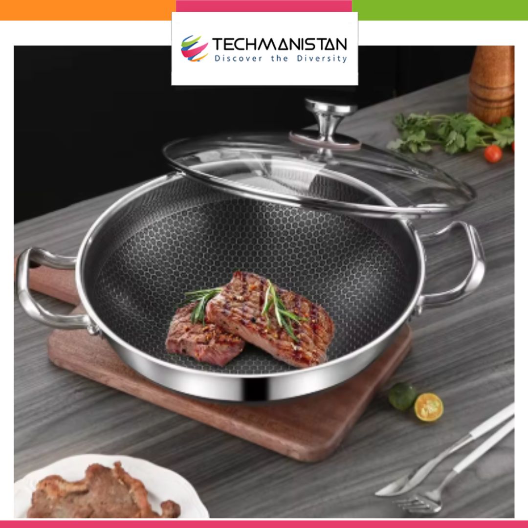 Dual Handles Honeycomb Double Sided Laser Coated Wok With Lid, Karahi