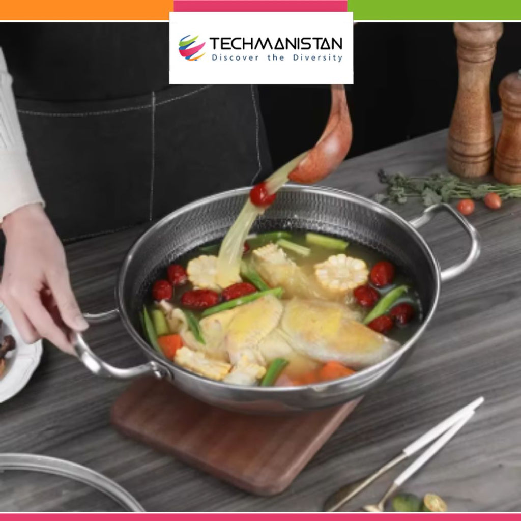 Dual Handles Honeycomb Double Sided Laser Coated Wok With Lid, Karahi