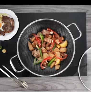 Dual Handles Honeycomb Double Sided Laser Coated Wok With Lid, Karahi