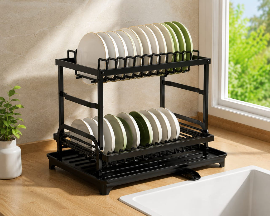 Large Capacity 2 Layer Dish Drying Rack with Water Drain Tray – Black