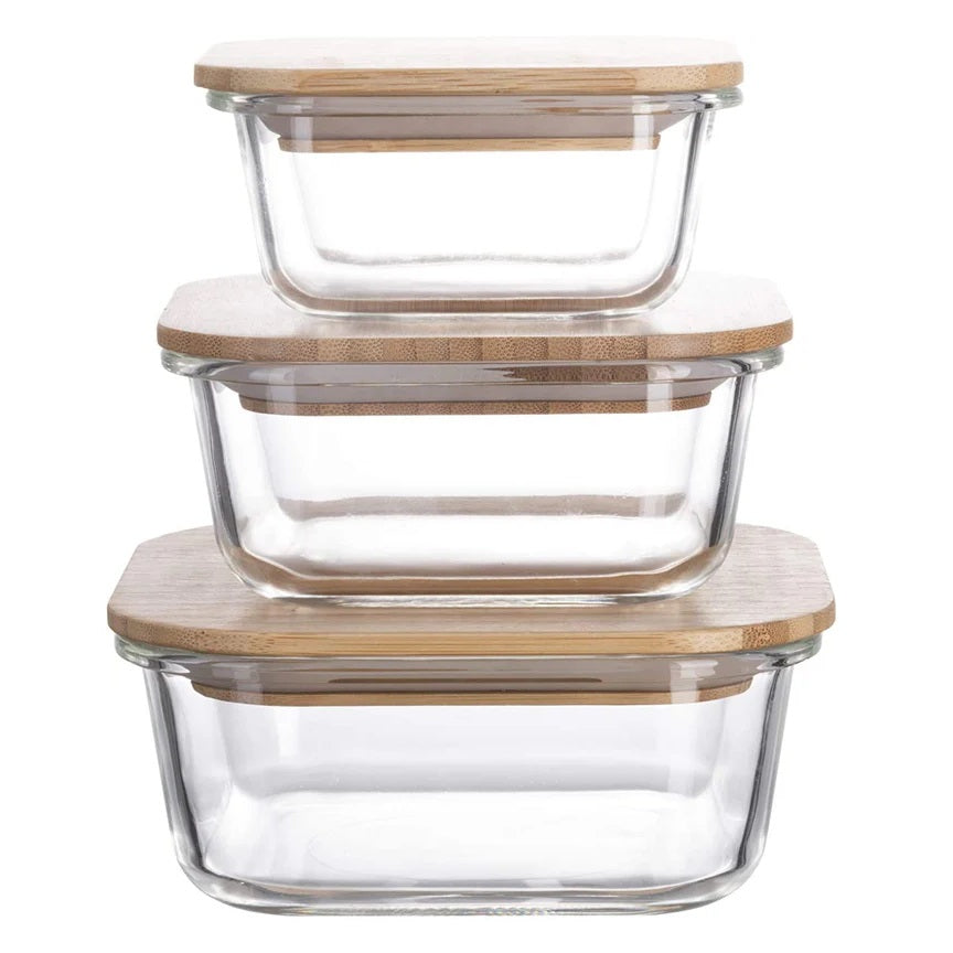 Set of 3 Glass Oven-Safe Containers with Bamboo Wooden Lids