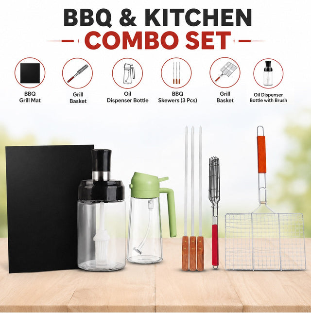 BBQ Grill Accessories Combo Set – 8PCS | 3 Skewers, Fish Basket, Kabab Grill, Grill Mat, Oil Dispenser & Brush