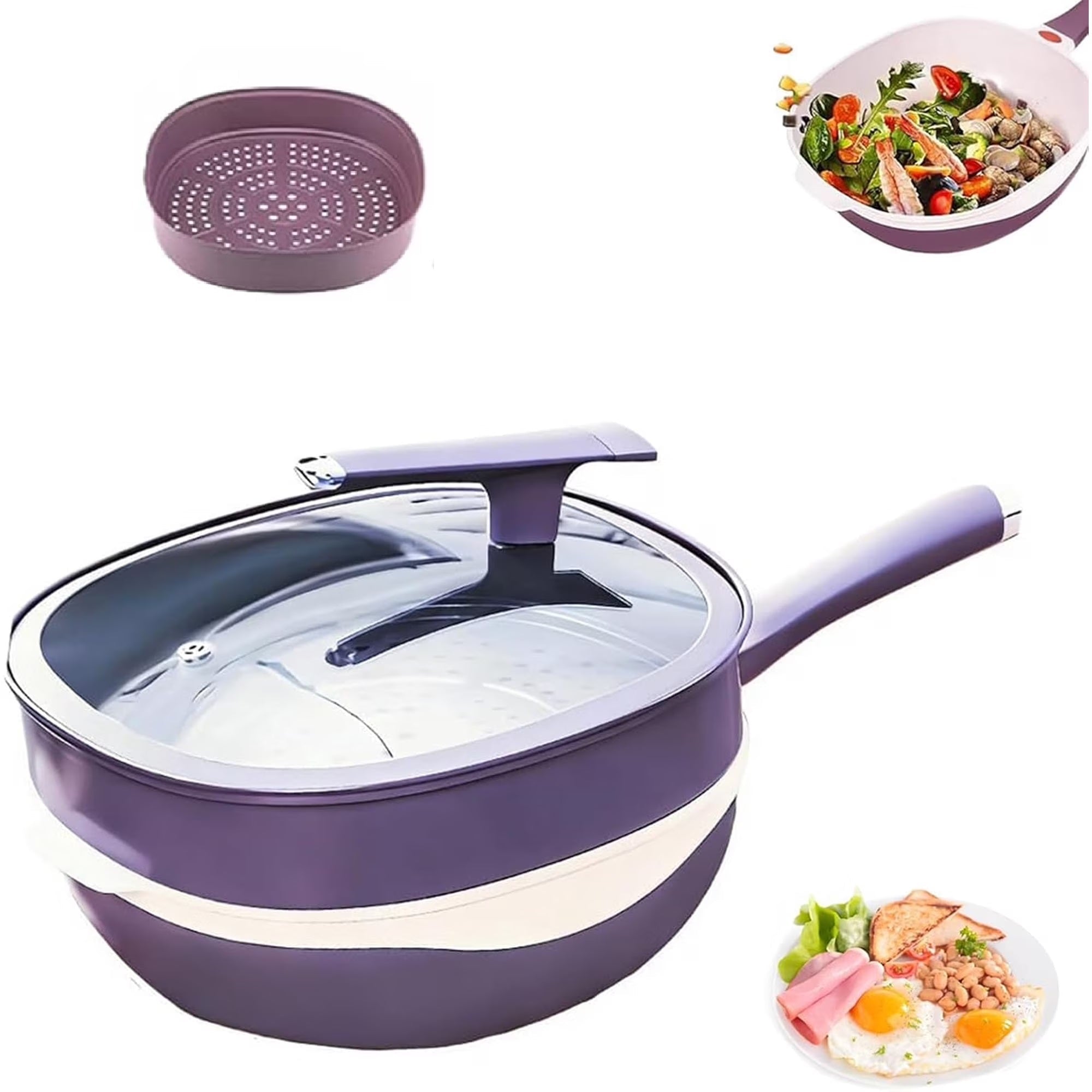 12-Inch Titanium Alloy Nonstick Pot with Lid & Steamer – Purple