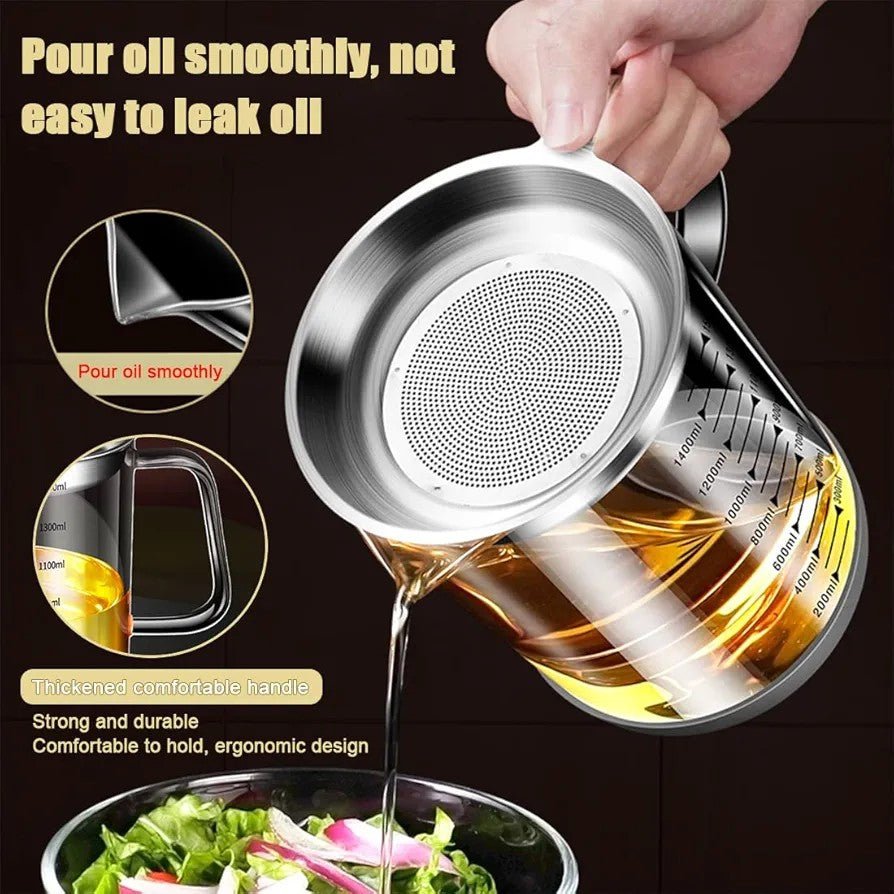 Glass Oil Pot with Stainless Steel Lid and Strainer