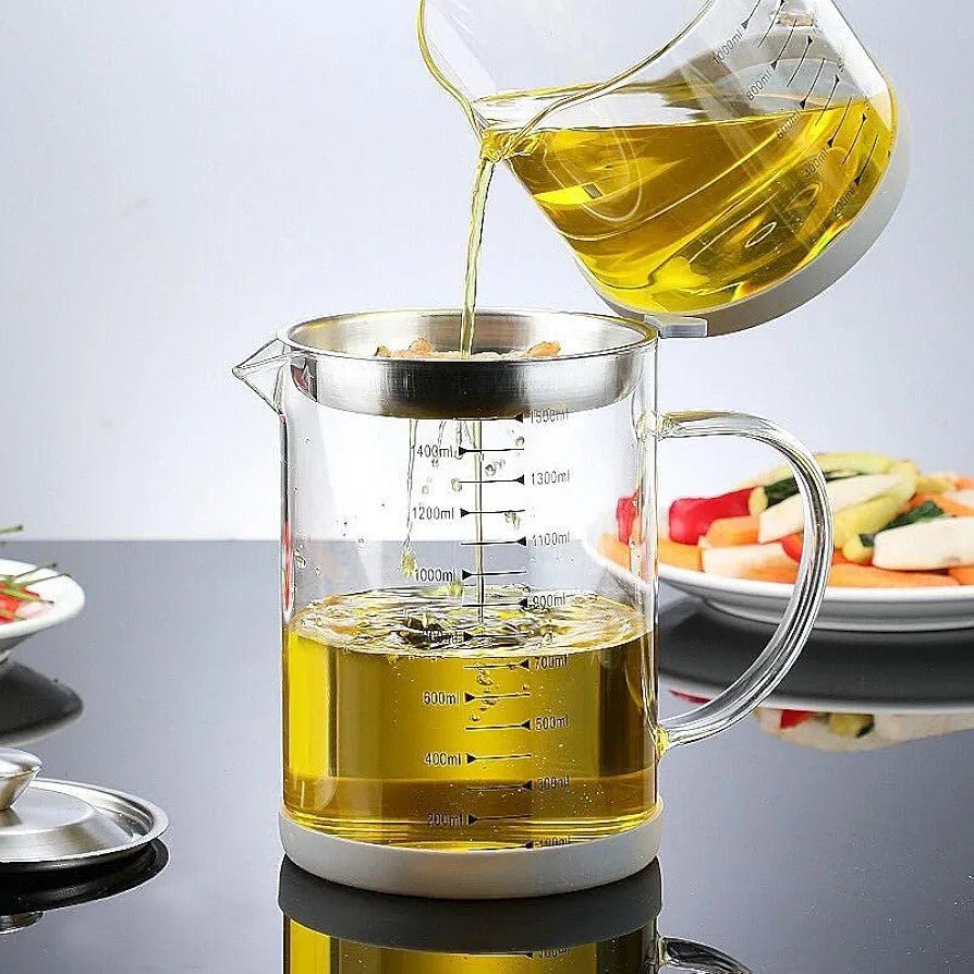 Glass Oil Pot with Stainless Steel Lid and Strainer