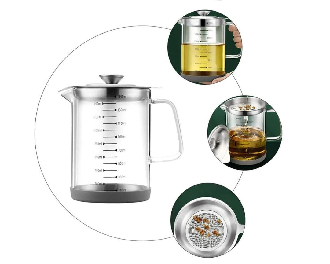 Glass Oil Pot with Stainless Steel Lid and Strainer