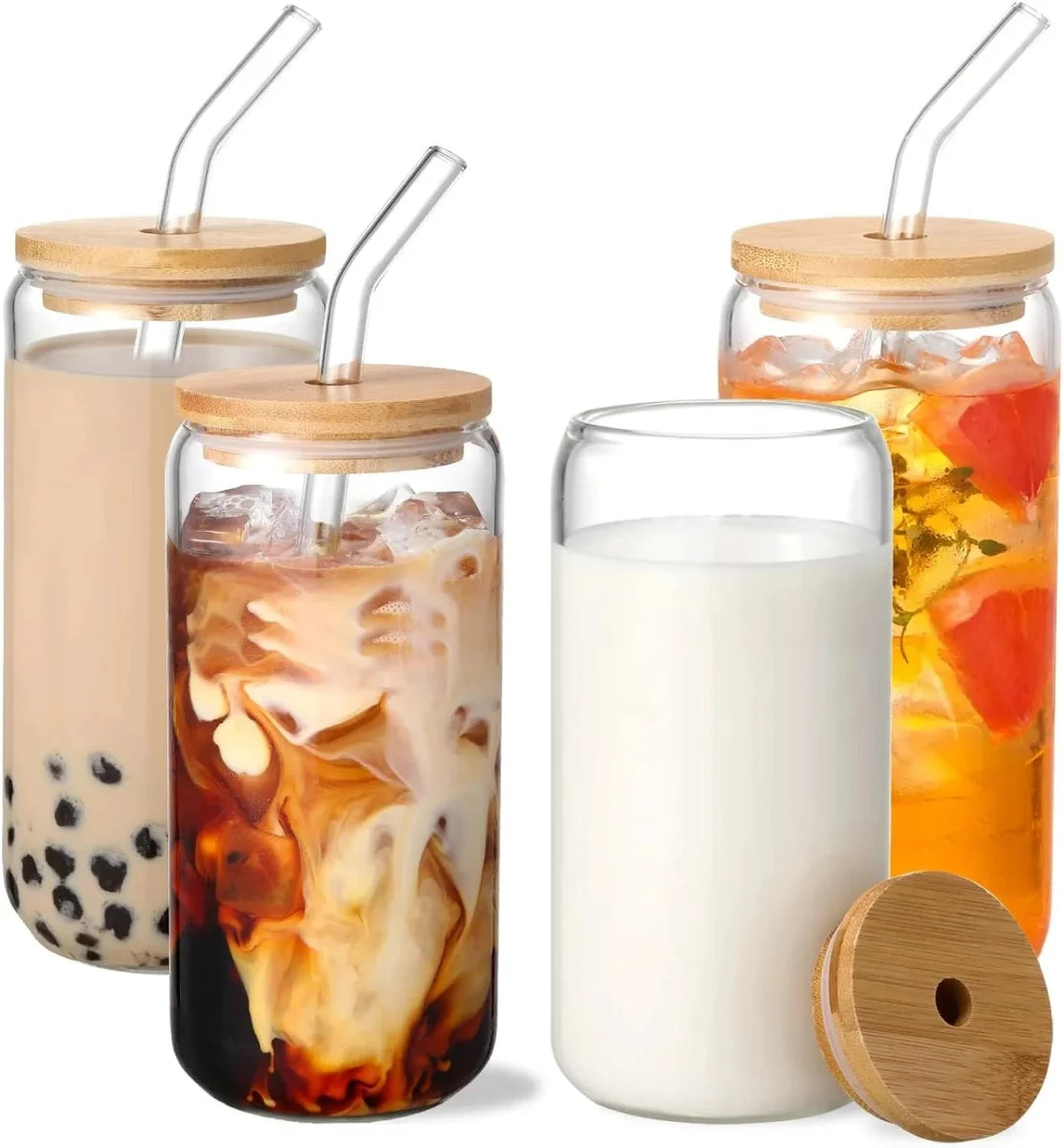 Glass Tumbler with Bamboo Lids and Glass Straw