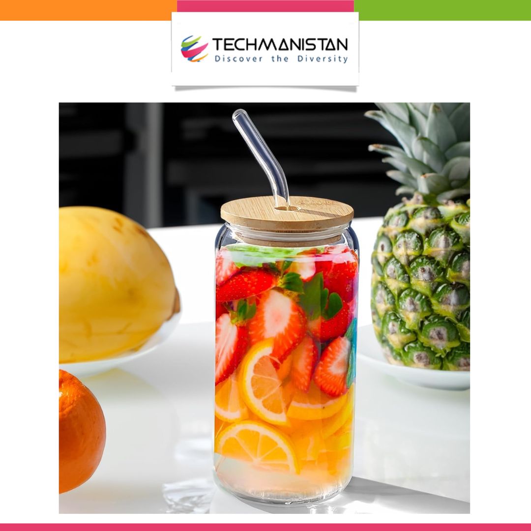 Glass Tumbler with Bamboo Lids and Glass Straw
