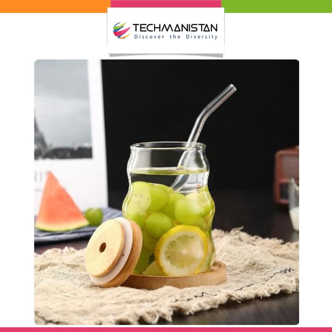 Glass Tumbler with Bamboo Lids and Glass Straw