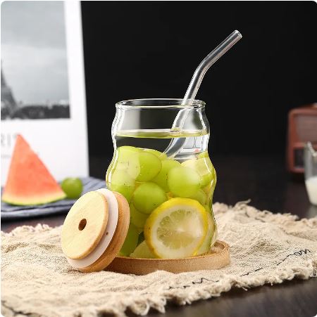 Glass Tumbler with Bamboo Lids and Glass Straw
