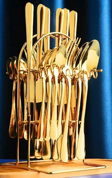 24pcs Golden Elegance Stainless Steel Cutlery Set with Stand