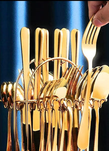 24pcs Golden Elegance Stainless Steel Cutlery Set with Stand