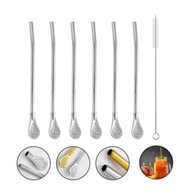 7 Piece Set - Reusable Stainless Steel Drinking Straws with Filter Spoon