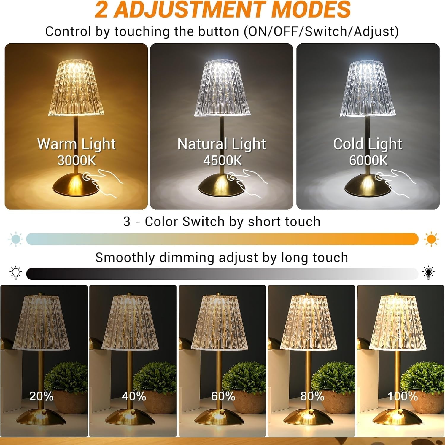 Dimmable Crystal 3 Colors LED Cordless Table Lamp