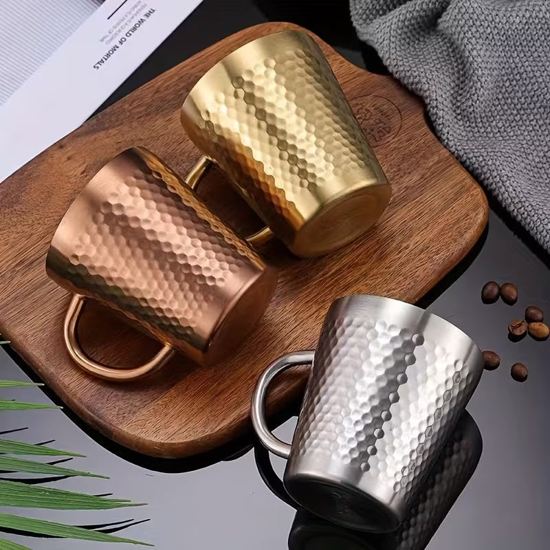 Stainless Steel Hammered Texture Glass with Handle – Double Wall Insulated Coffee Cup