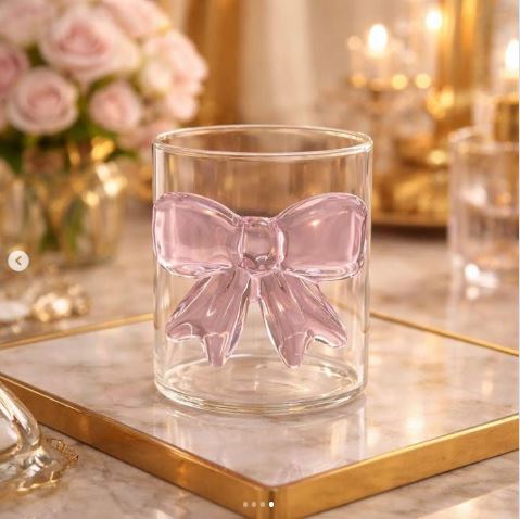 1Pc - Clear Glass Cup with Pink Bow Design